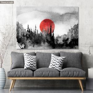 Canvas print Black forest, red sun watercolour