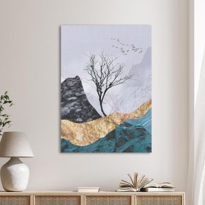 Canvas print Lone tree with flying birds I, vertical
