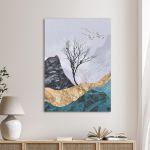 Canvas print Lone tree with flying birds I, vertical