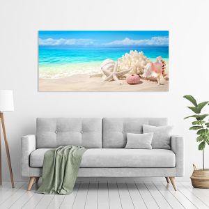 Πίνακας σε καμβά Seashells on sand beach, πανοραμικός