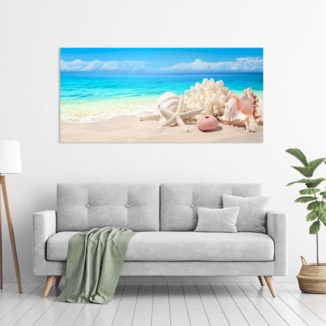 Canvas print Seashells on sand beach, panoramic