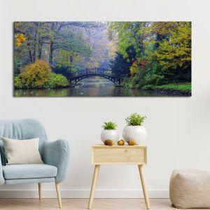 Canvas print Autumn misty park, panoramic