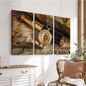 Canvas print Vintage compass telescope and map,3 panels
