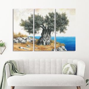 Canvas print Olive tree by the sea,3 panels