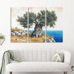 Canvas print Olive tree by the sea,3 panels
