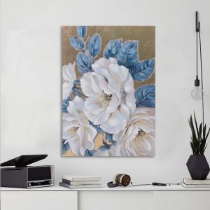 Canvas print, White flowers, blue leaves