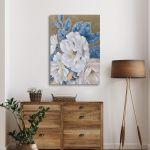 Πίνακας σε καμβά White flowers blue leaves Καμβάς τελαρωμένος, 2