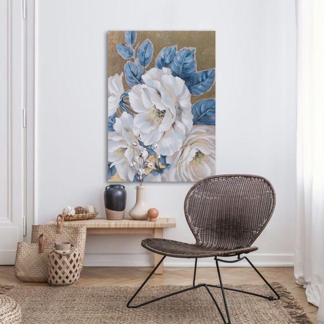Canvas print, White flowers, blue leaves