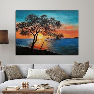 Canvas print Tree at sunset, Tree near the lake at sunset
