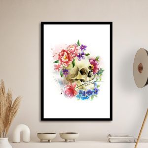Flowered skull in watercolor αφίσα κάδρο  Αφίσα πόστερ με μαύρη κορνίζα