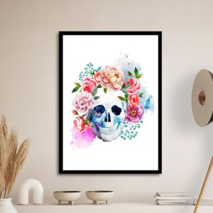 Flowered skull in watercolor I αφίσα κάδρο  Αφίσα πόστερ με μαύρη κορνίζα