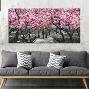 Πίνακας σε καμβά Ανθισμένα δέντρα, Pink blossom central park, πανοραμικός, 1