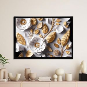 White flowers, gold leaves, poster