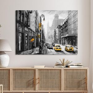 Canvas print Street view of New York, yellow and grayscale
