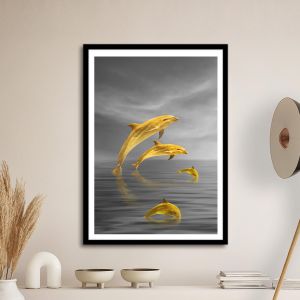 Dolphins, gold on gray, poster