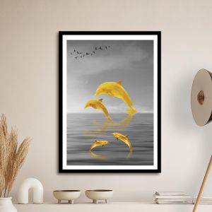 Dolphins, gold on gray I, poster
