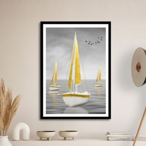 Sailboats gold on gray αφίσα κάδρο  Αφίσα πόστερ με μαύρη κορνίζα