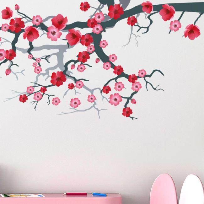 Wall stickers blooming branch, pink and red flowers. Pink blossomed branch