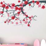 Wall stickers blooming branch, pink and red flowers. Pink blossomed branch