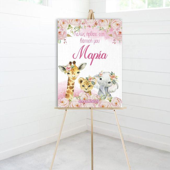 Canvas print welcome to my baptism, Africa animals pink theme
