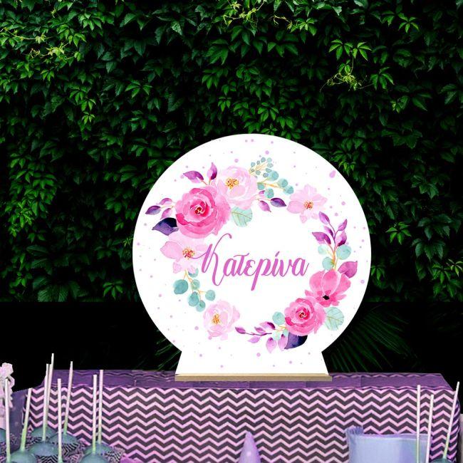 Wooden printed sign, Mauve watercolor flowers