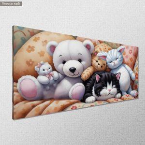 Canvas print Sleeping with stuffed toys panoramic Framed canvas View 1 2