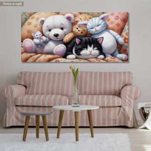 Canvas print Sleeping with stuffed toys, panoramic