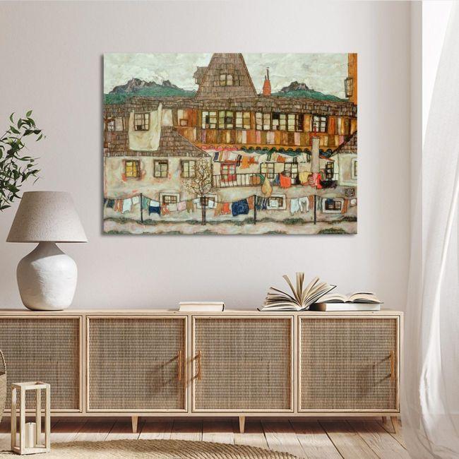 Πίνακας ζωγραφικής Houses with drying laundry Schiele E. Καμβάς τελαρωμένος
