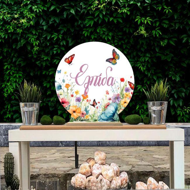 Wooden printed sign, Flowers butterflies