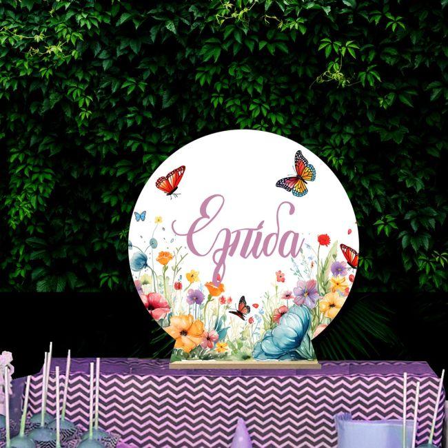 Wooden printed sign, Flowers butterflies