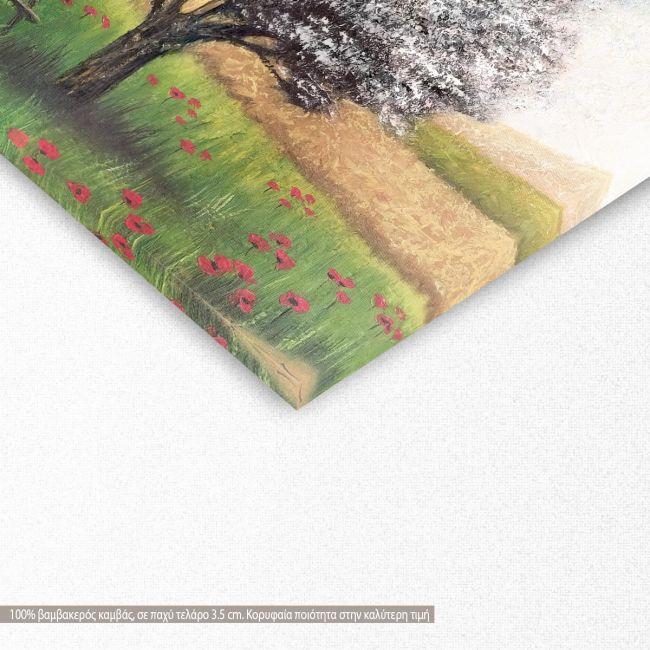 Canvas print Snow covered tree in a field with poppies