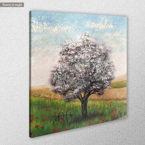 Canvas print Snow covered tree in a field with poppies 2