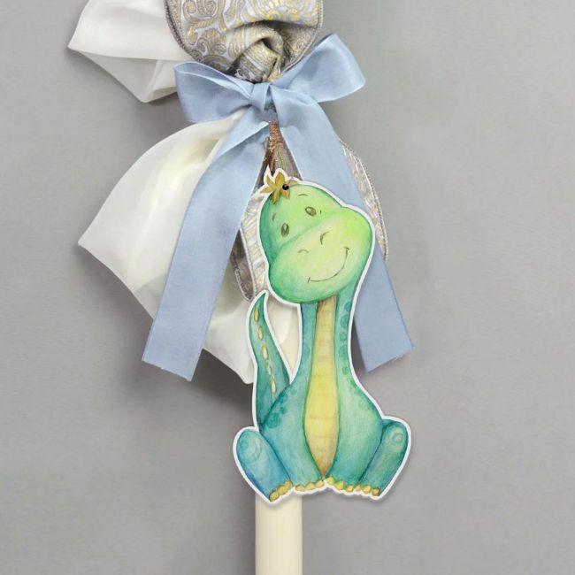 Wooden printed figure for baptism candle, Cute dino watercolor