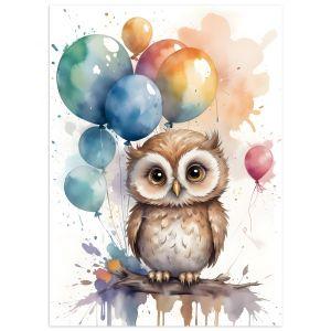 Κουκουβάγια ζωγραφιά με μπαλόνια αφίσα κάδρο  Αφίσα πόστερ με μαύρη κορνίζα 2