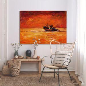 Πίνακας σε καμβά Βάρκα στο ηλιοβασίλεμα Fishing boat at sunset Καμβάς τελαρωμένος Όψη 1 2