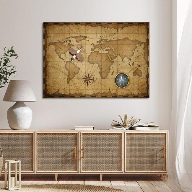Πίνακας σε καμβά Οld world map wooden plane