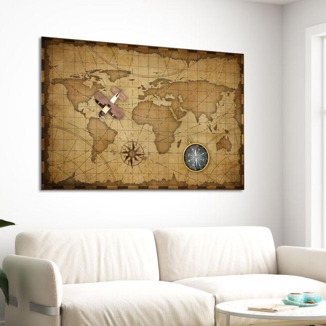 Πίνακας σε καμβά Οld world map wooden plane