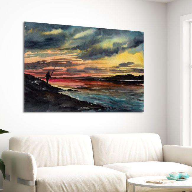 Canvas printFishing man on rocky shore