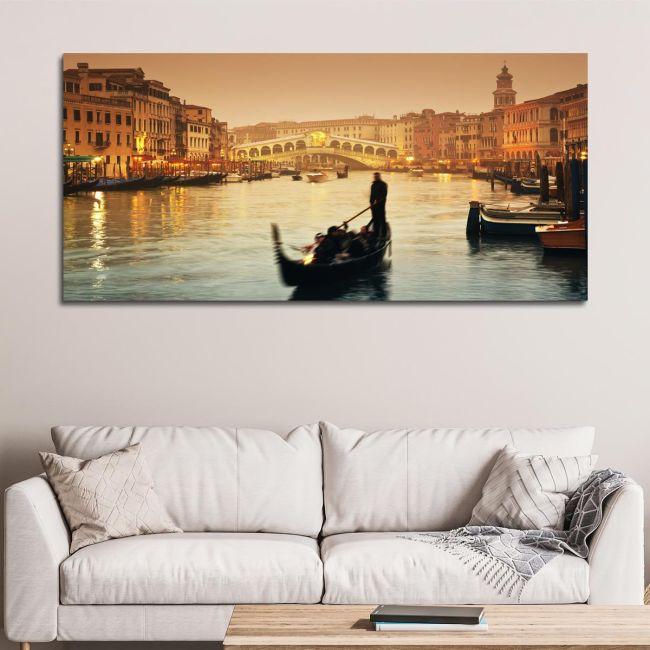 Πίνακας σε καμβά Rialto bridge and gondolas, πανοραμικός
