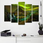 Canvas print Aurora at Kirkjufel five panels