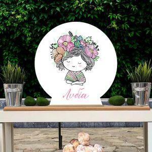 Wooden printed sign, Girl with flowers, line art