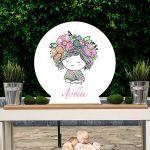 Wooden printed sign, Girl with flowers, line art