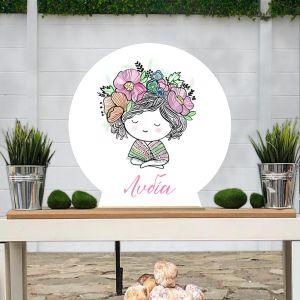 Wooden printed sign, Girl with flowers, line art 2