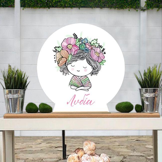 Wooden printed sign, Girl with flowers, line art
