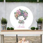 Wooden printed sign, Girl with flowers, line art