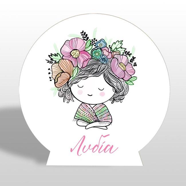 Wooden printed sign, Girl with flowers, line art