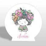 Wooden printed sign, Girl with flowers, line art