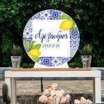 Wooden printed sign, Blue tiles lemons