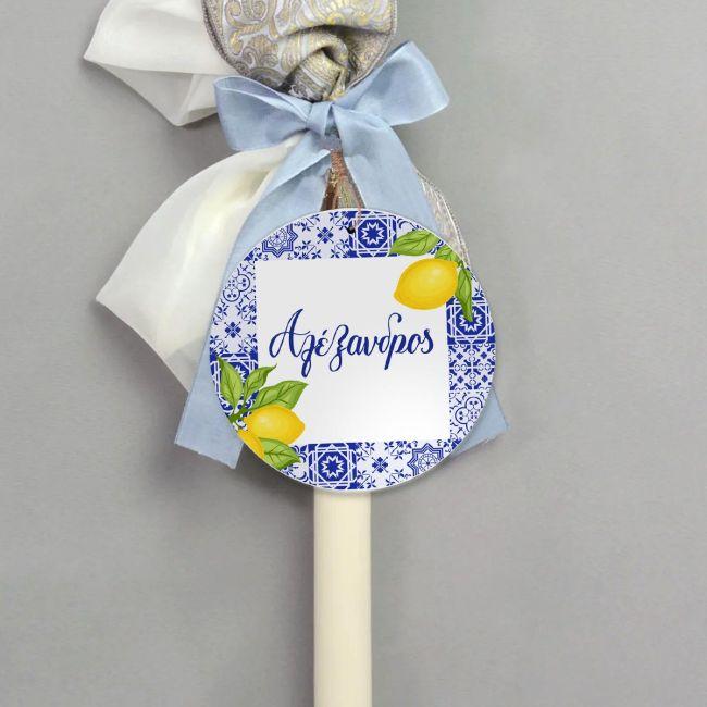 Wooden figure printed Blue tiles lemons