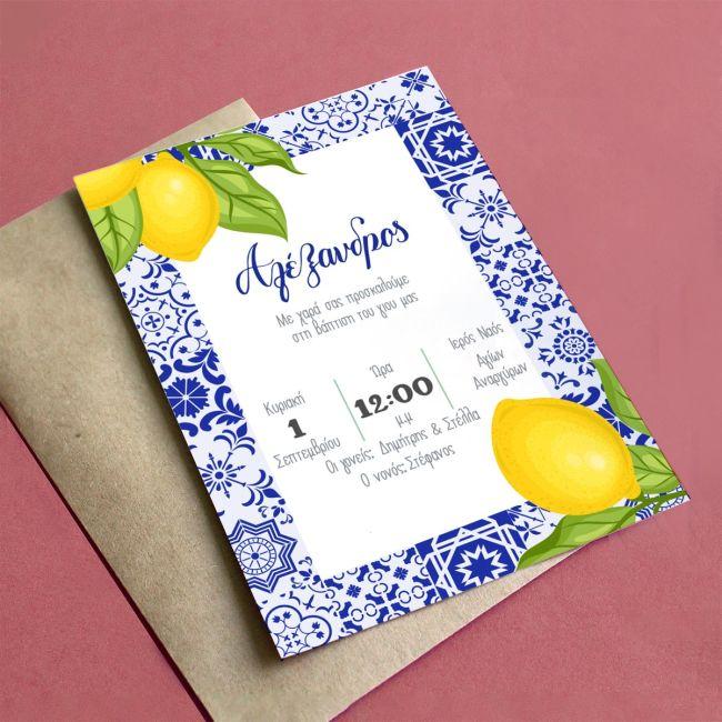 Party invitation Blue tiles lemons